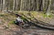 Female biker resting next to her bicycle in Spring forest. Country road, bike way, foot path through Spring greenery. Springtime forest, romantic footpath on a sunny day in April. Staycation mode on.
