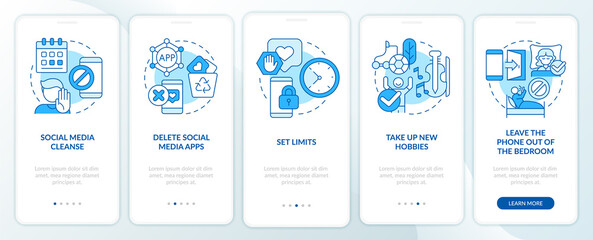 Wall Mural - ways to break social media addiction blue onboarding mobile app screen. walkthrough 5 steps graphic 