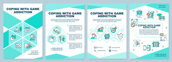 Coping with game addiction mint brochure template. Break with bad habit. Leaflet design with linear icons. 4 vector layouts for presentation, annual reports. Arial-Black, Myriad Pro-Regular fonts used