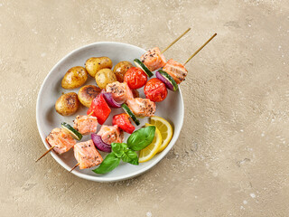 Canvas Print - salmon and vegetable skewers