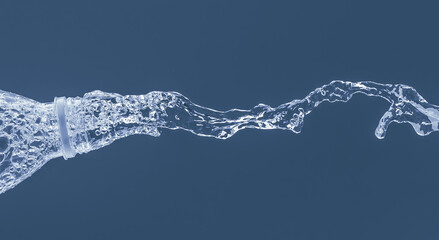 Splash of water from a bottle on a blue background. Reflection on the surface of the water.