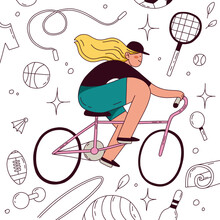 Woman Riding Bicycle Doodle Hand Drawn Illustration. Girl On Bike Cartoon Doodle Character. Active Sport Lifestyle Concept. T Shirt Print, Web, Poster, Design Element.