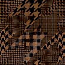 Brown Houndstooth Plaid Patchwork. Glen Check Collage Fabric Swatch.