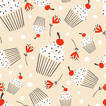 Cute Cupcake And Red Flowers Vector Seamless Pattern