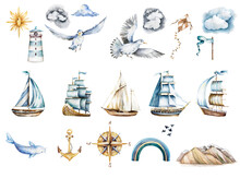 Ship Watercolor.ship.children's Dreams.dream.clouds,sea Adventures,nautical Clipart Isolated On White Background,boat, Seagull, Underwater World.Adventure.watercolor Set Of Postcards