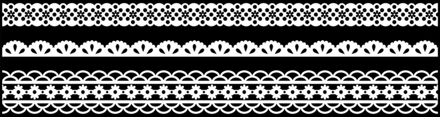 Set of wide lace ribbons with print. Black design elements isolated on white background. Seamless pattern for creating style of card with ornaments. Lace decoration template, ribbons for design