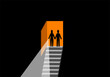 © Gabrieuskal - Silueta de pareja de hombre y mujer cogidos de la mano frente a las escaleras del oscuro sótano portando la mujer una linterna encendida. Para portada de novela de misterio y aventuras