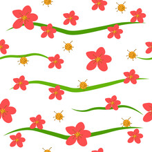 Seamless Pattern Red Sakura Flowers, Green Waves On White Background. Orange Japanese Quince Bloom Print, Vector Eps 10