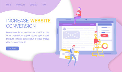 Seo optimization, increase website conversion concept. People working on changing search engine, computer screen with web page template. Colleagues work with online shopping program marketing