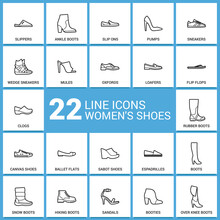 Line Icons Set Of Women's Shoes. Footwear Icons