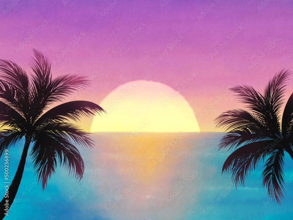 ヤシの木とトロピカルな夕暮れの南国ビーチ 背景素材 の Stock