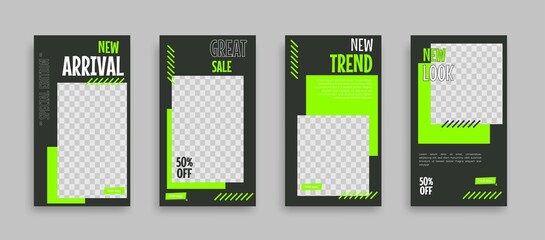 Wall Mural - Set of Editable minimal square banner template. Black green white background color with geometric shapes for social media post, story and web internet ads. Vector illustration