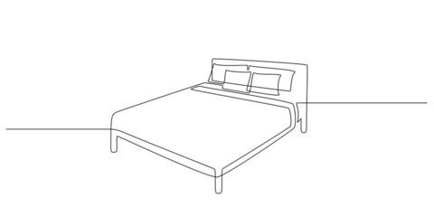 Aufkleber - Continuous one line drawing of double bed with pillows. Scandinavian stylish furniture for sleep bedroom in simple Linear style. Editable stroke. Doodle vector illustration