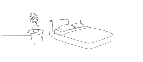 Aufkleber - Continuous one line drawing of double bed and table with vase with monstera leaf. Scandinavian stylish furniture for sleep bedroom in simple Linear style. Editable stroke. Doodle vector illustration