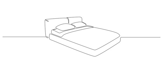Aufkleber - Continuous one line drawing of double bed with pillows. Scandinavian stylish furniture for sleep bedroom in simple Linear style. Editable stroke. Doodle vector illustration