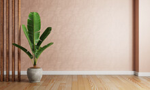 Banana Plant Pot In The Red Coral Color Living Room With Raw Concrete Wall Background. Interior And Architecture Concept. 3D Illustration Rendering