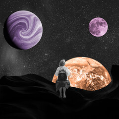 contemporary art collage. senior lady, woman sitting around many space planets isolated over night s
