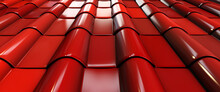 Close-up of red metal tile. Wavy roof. Red roof background. Concept of production of roofing for house. Metal tile for roof of house. Production and sale of metal tiles. Housetop background. 3d image