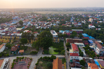 Wall Mural - Panoramic drone view of cityscape near Mekong River in Kampong Cham, Cambodia.