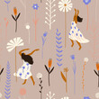 Pattern with big flowers and dancing women
