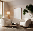 Poster frame mock-up in home interior background, living room in beige colors,3d render