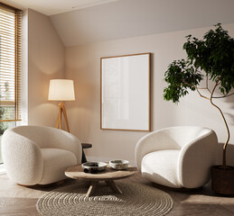 Poster frame mock-up in home interior background, living room in beige colors,3d render