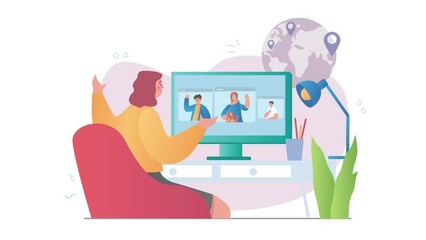 Online video conference concept. Moving teenage girl communicates with friends online or studies remotely. Communication or meeting with classmates via Internet.. Flat graphic animated cartoon