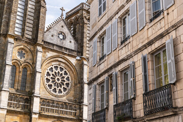 Facade of the building and Church of San Andrés. Baiona. French Basque Country