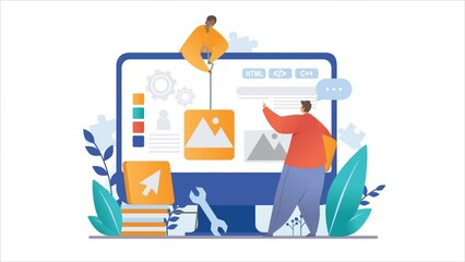 Wall Mural - ux, ui and software developers video concept. moving male and female programmers create website inte