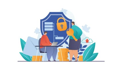 UX, UI and software developers video concept. Moving male programmer creates code to protect databases. Coding and engineering. Modern technologies for cybersecurity. Flat graphic animated cartoon