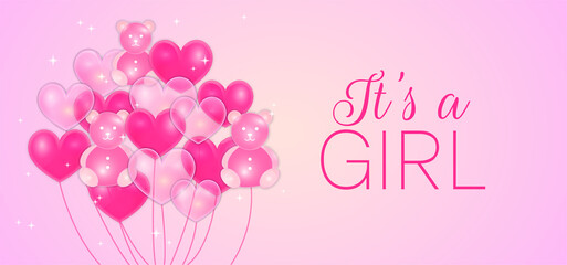 Wall Mural - It's a Girl Baby Shower Illustration Design with Pink Balloons in Heart and Bear Shape