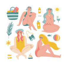 Summer Collection With Girls In Swimsuits On The Beach. Vector Flat Hand Drawn Illustration Of Resting Women And Vacation Objects With Summer Holidays By The Sea. Creator Scene Collection.