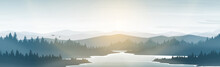 Mountain And Lake Landscape. Sunbeam Covers The Pine Forests And Lakes. In The Morning Or Evening.