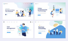 Set Of Web Page Design Templates Of Business Consulting, Task Management, Project Development, Video Conferencing, Online Meeting, Video Call. Vector Illustrations For Web Development.