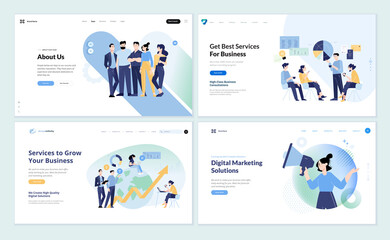 Wall Mural - Set of web page design templates of business services, about us, strategy, planning, data analytics, market research, digital marketing, social media. Vector illustrations for web development.