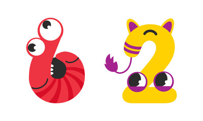 Sticker - Cute monster numbers. 6, 2 number in shape of funny monster cartoon vector illustration