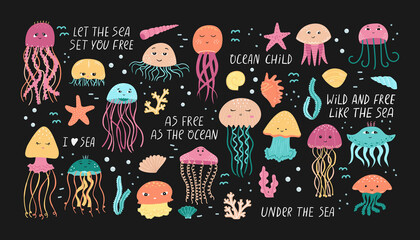 Vector set of illustrations of jellyfish and algae with shells in cartoon style.