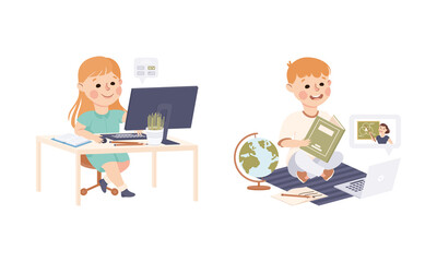 Canvas Print - Children learning online using laptop computers. Homeschooling, e-learning cartoon vector illustration