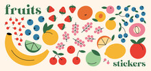 Set Of Drawn Fruit Stickers. Drawing Style. Various Colorful Fruits For Drawing, Textile. Interior Painting. Flat Design. Hand Drawn Fashion Vector Illustration.