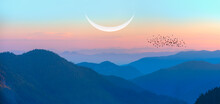 Beautiful Landscape With Blue Misty Silhouettes Of Mountains Crescent Moon In The Background