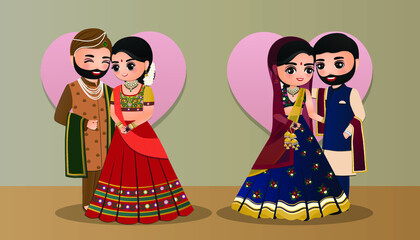 Set of Cute couple in traditional indian dress cartoon characters bride and groom.Wedding invitations card.