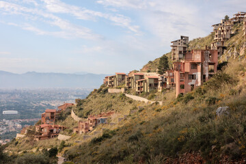 Wall Mural - Sicilian Italian Coastal Hill Landscape near Palermo in Europe, on a foggy cloudy spring day