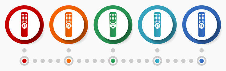 Aufkleber - TV remote concept vector icon set, infographic template, flat design colorful web buttons in 5 color options