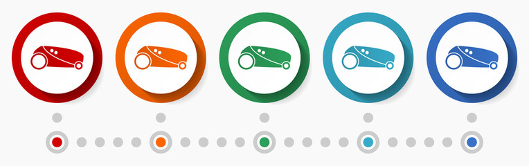 Poster - Robot mower concept vector icon set, infographic template, flat design colorful web buttons in 5 color options