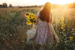 canvas print picture - Beautiful woman gathering sunflowers in warm sunset light in summer meadow. Tranquil atmospheric moment in countryside. Stylish young female in floral dress holding sunflowers in evening field