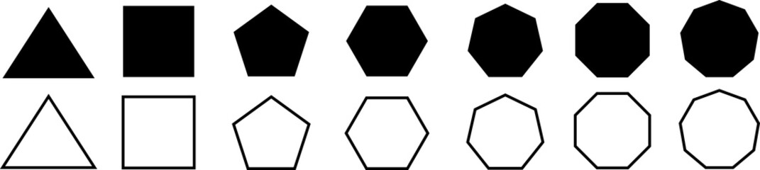 Set of geometric shapes, polygons with various number of sides: triangle, quadrangle, pentagon, hexagon, heptagon, octagon, nonagon icons collection, sharp and slightly rounded version 