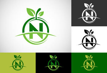 Initial N monogram alphabet with the abstract apple logo. Healthy food logo design vector