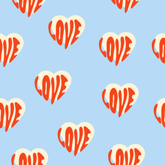 Poster - Vector retro seamless pattern with the word love and hearts on blue background. Trendy design for valentine's day, wedding, love theme, textile, wallpaper, wrapping paper	
