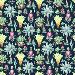 Naklejka na meble watercolor seamless pattern. floral background tropical blooming flowers and leaves with Australian animals and birds. Plants, animals and flowers of Australia. for fabric, textile, packaging, childre