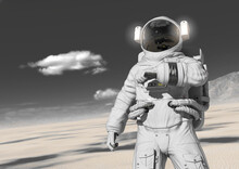 Astronaut Is Checking The Air In The Desert Of Another Planet After Rain With Copy Space
